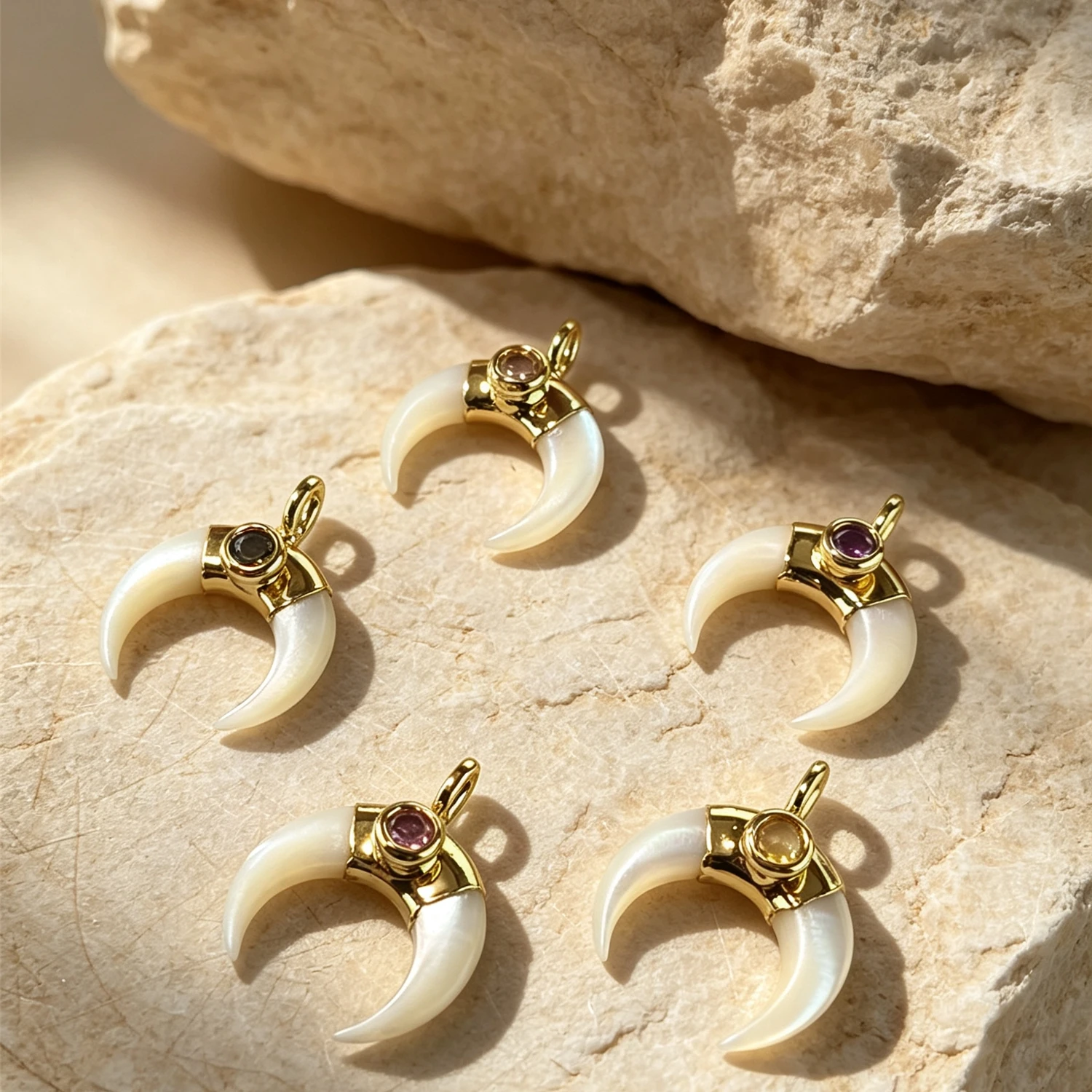 Double Horn MOP Shell Charms Tiny Round Crystal Inlay Natural Pearl Shell Golden Plated Top Loop DIY Craft Fitting P2D1060