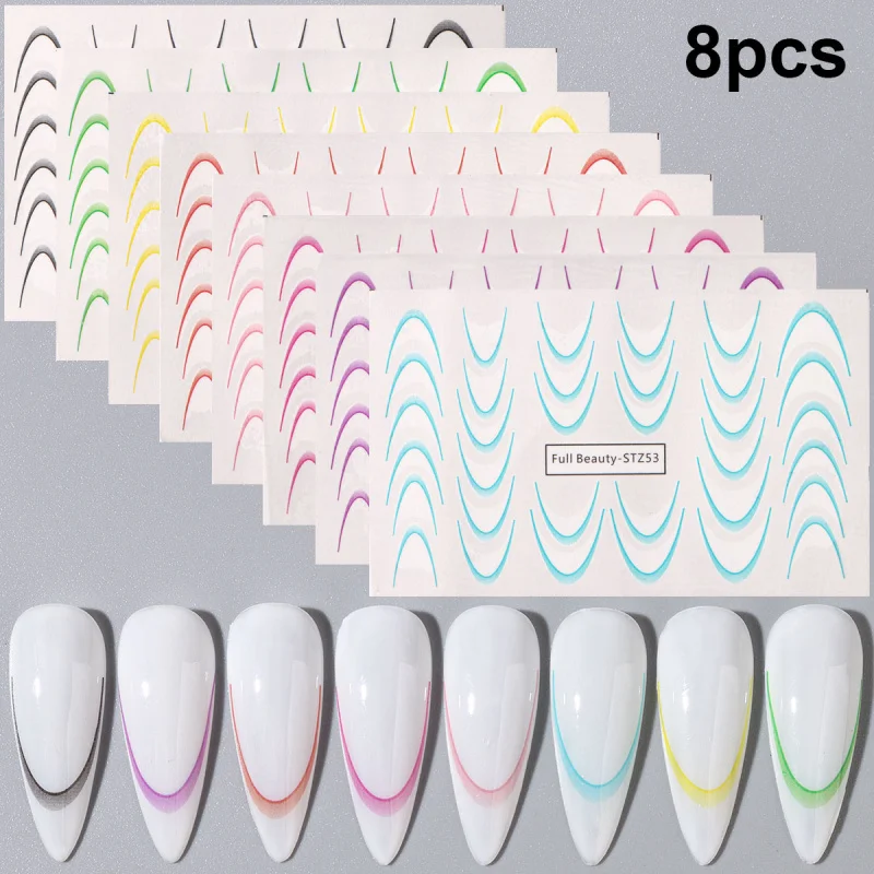 8pcs Gradient French Line Water Nail Stickers Set Colorful Stripe Ombre Designs Decals Guides for DIY Decoration Stencil Tools image 2