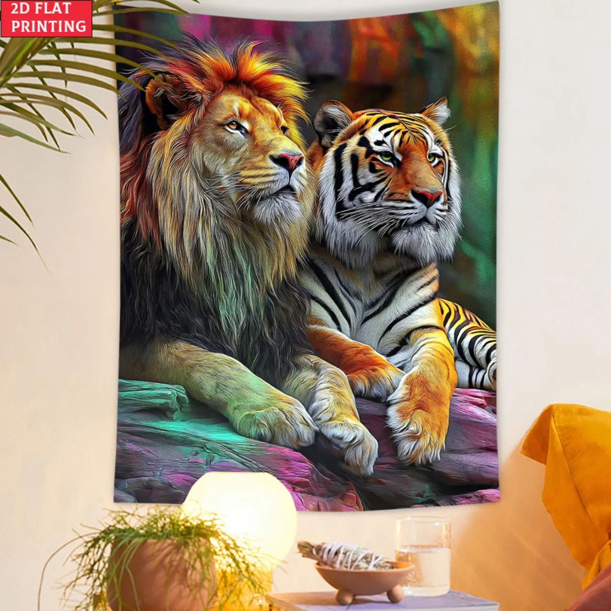 Vibrant Lion Tiger Portrait Tapestry, Colorful Big Cats on Rock Wall Art, Man Cave Living Room Decor suitable offices bars party