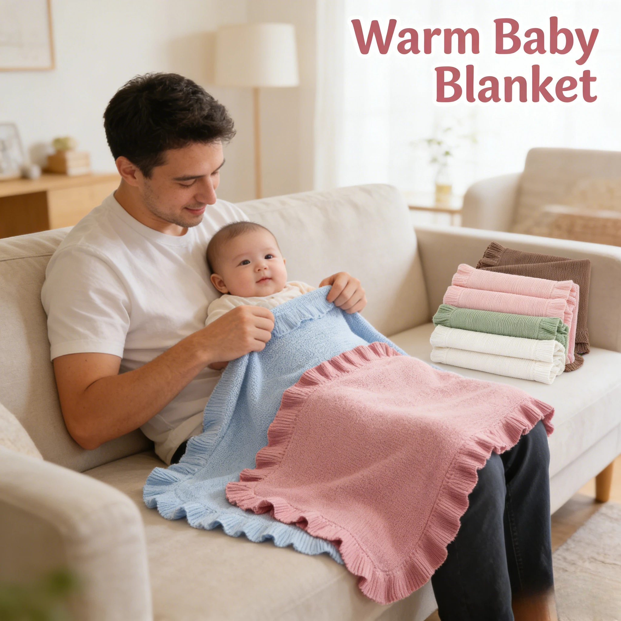 ベビーコットンフリルニットブランケットおくるみ新生児用ベビーカーベビーベッド休憩屋外使用用