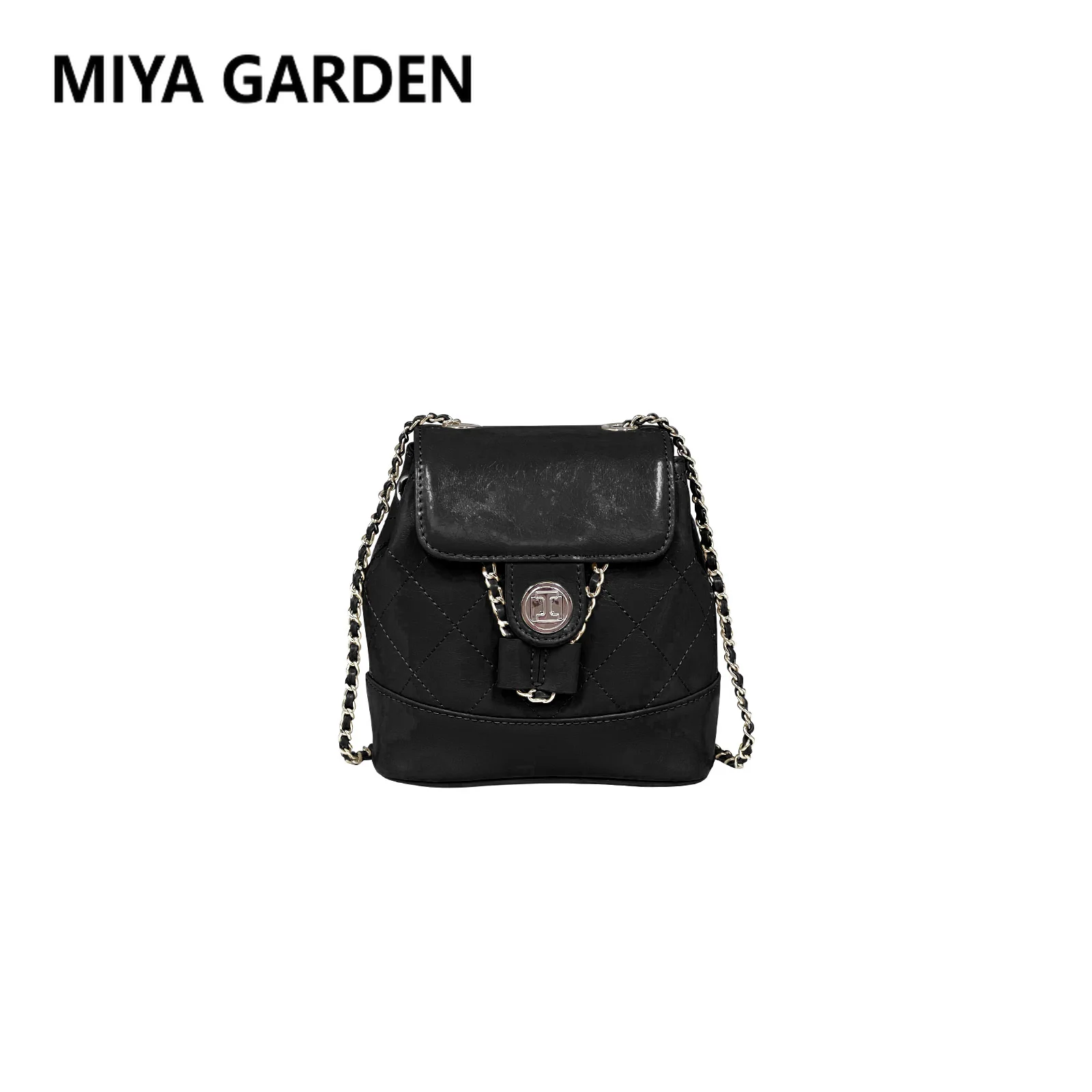 MIYA GARDEN Women's Crossbody Bag New Versatile Oil Waxed Leather Bucket Bag Fashion Diamond-Shaped Grid Chain Shoulder Bag