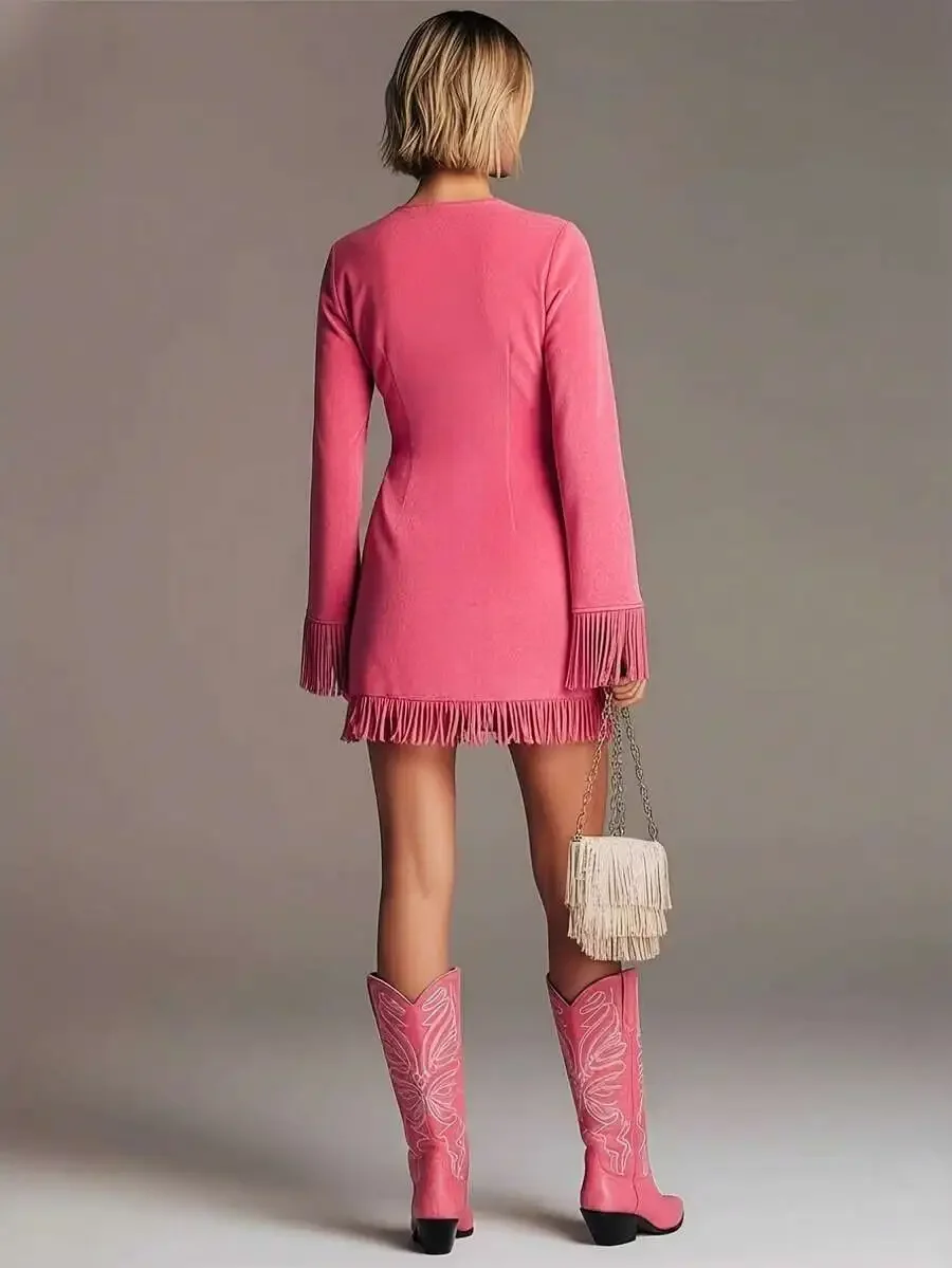 

Womens Vintage Western Fringe Mini Dress In Faux Suede Hot Pink