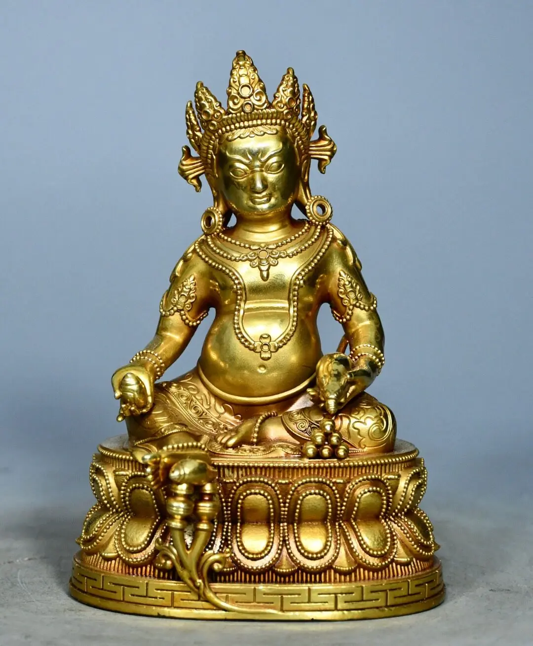 Tibetan brass gilt antique yellow God of Wealth Buddha statue home hall ornament incense case desktop car small supplies 13cm