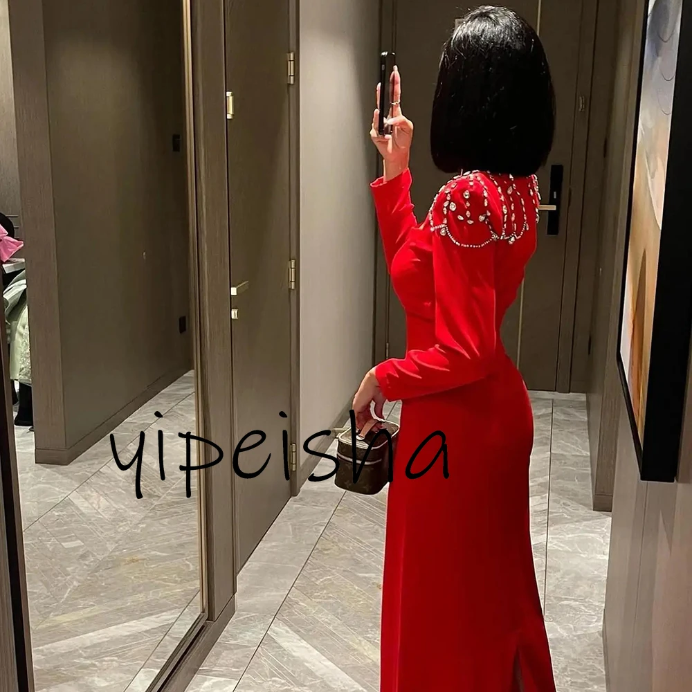 Yipeisha Elegant Simple Red Jersey Evening Gowns Suqare Collar Crystal Sheath Ankle Length Formal Pageant Party Dresses