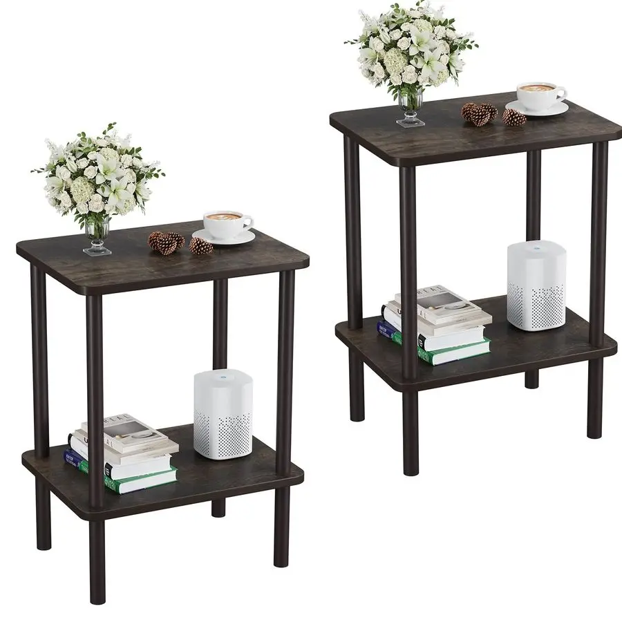 

2 Tier End Table Set of 2, Small Side Table with Solid Wood Legs, Boho Bedside Table with Storage Shelf, Nightstand for Small S