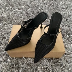 New Summer Women's Sandals Black Mesh High Heels Footwear Elegant Mules Pointed Slip on Party Lady Pumps Shoes