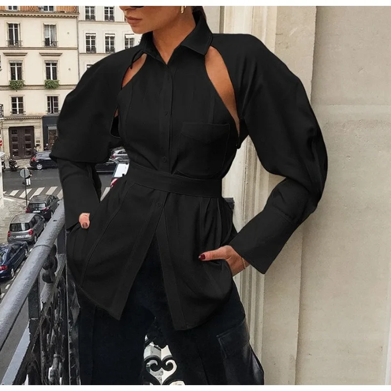 قميص ربيعي بسيط موضة ربيع 2026 أبيض مجوف متوسط وطويل من الأسفل قميص نسائي ضيق بأكمام طويلة في مكان العمل #3