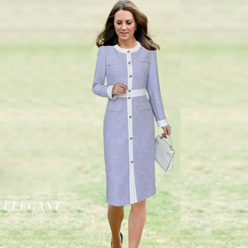 

Princess Kate Colorblock Dress Button Design Long Sleeve O-Neck Sheath Dresses 11176