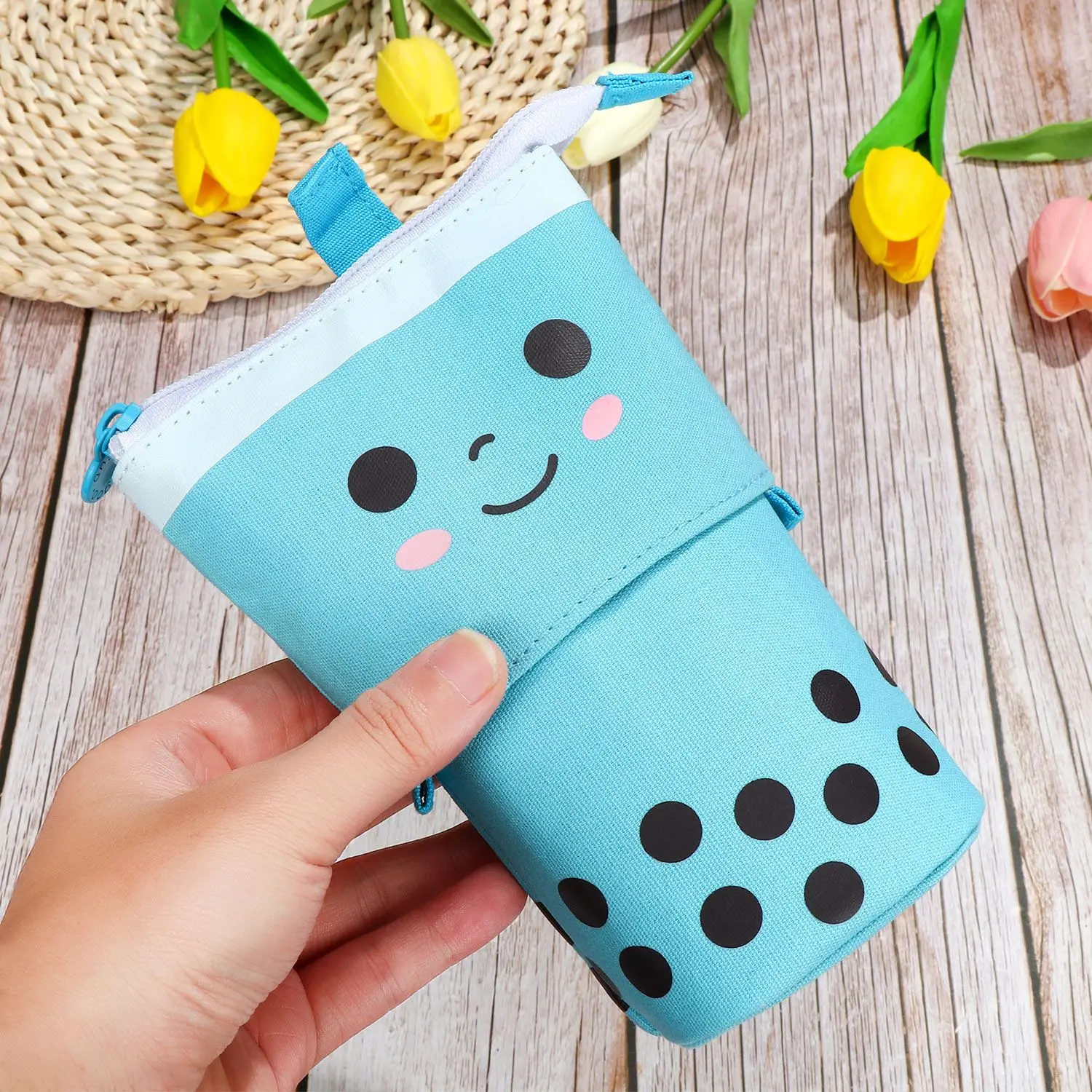 Boba Milktea Pen Pencil Telescopic Holder Stationery Case, Stand-up Transformer Bag with Kawaii Smile Face Black Dot Organizer