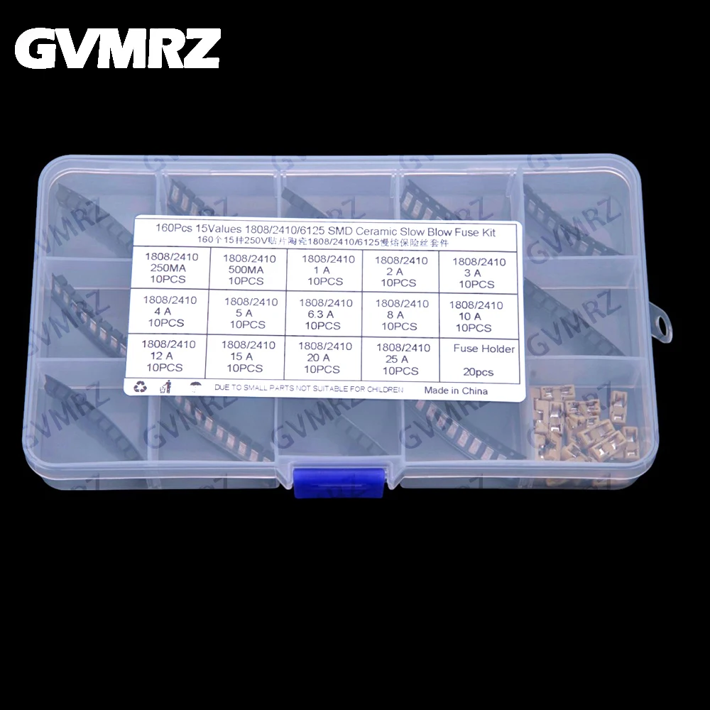 160PCS 15Values 1808 2410 6125 SMD Ceramic Slow Blow Fuse KIT 250MA 500MA 1A 2A 3A 4A 5A 6.3A 8A 10A 12A 15A 20A 25A