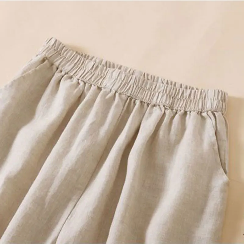 Bloomers Lace Linen Solid Casual Elastic High Waist Loose Wide Leg Women's Pants Ankle-Length Pants For Women Clothing 2024