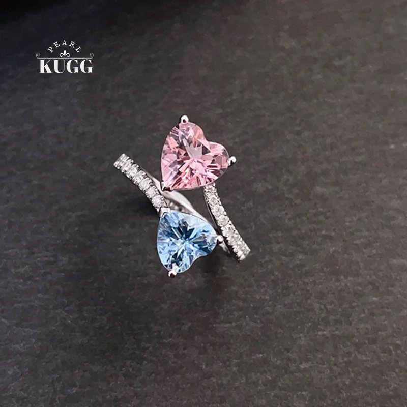 

KUGG 100% 18K White Gold Rings Women Romantic Heart Shape Shiny Diamond Natural Aquamarine&Morganite Gemstone Ring Fine Jewelry