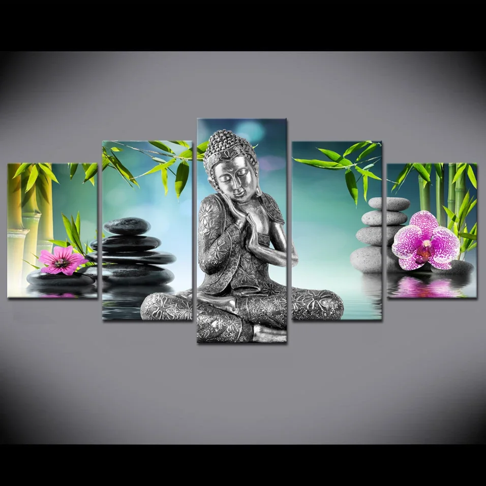 Orchid Bamboo Zen Buddha Modular Poster 5Pcs Canvas Wall Art Pictures Decoration Living Room Accessories Home Decor Paintings