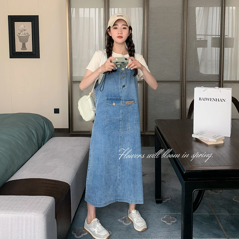 

Vintage Denim Strap Dress for Women 2023 Spring Summer Women Elegant Sweet Loose Casual Sleeveless Long Suspender Dresses 0299