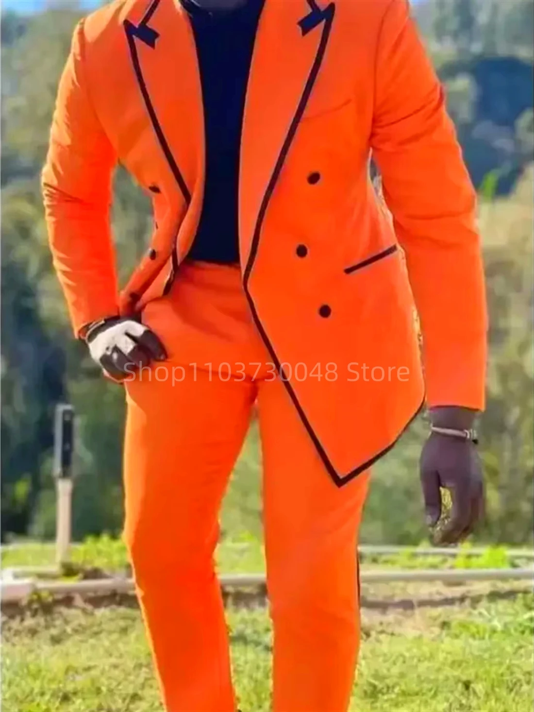 

Orange Wedding Men Suits 2 Pieces Black Trimming Peaked Lapel Blazer Pants Costume Homme Wedding Groom Suits Sets for Business
