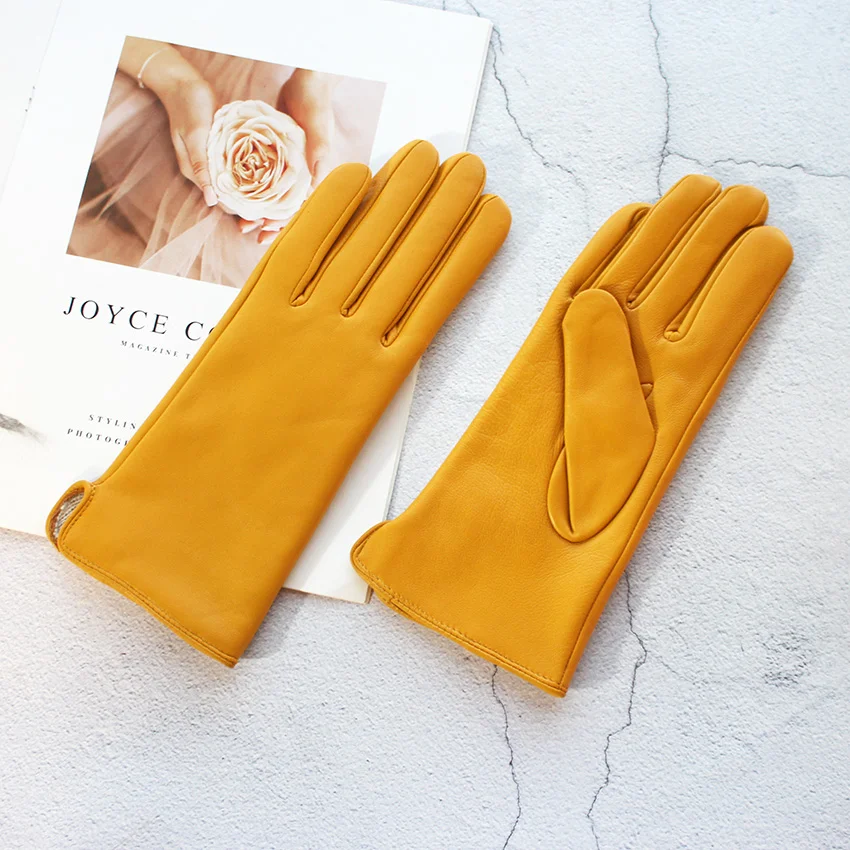 Guantes de piel de oveja de Color para mujer, forro de lana recto a la moda de cuero genuino, cálidos para viajes al aire libre y conducción,