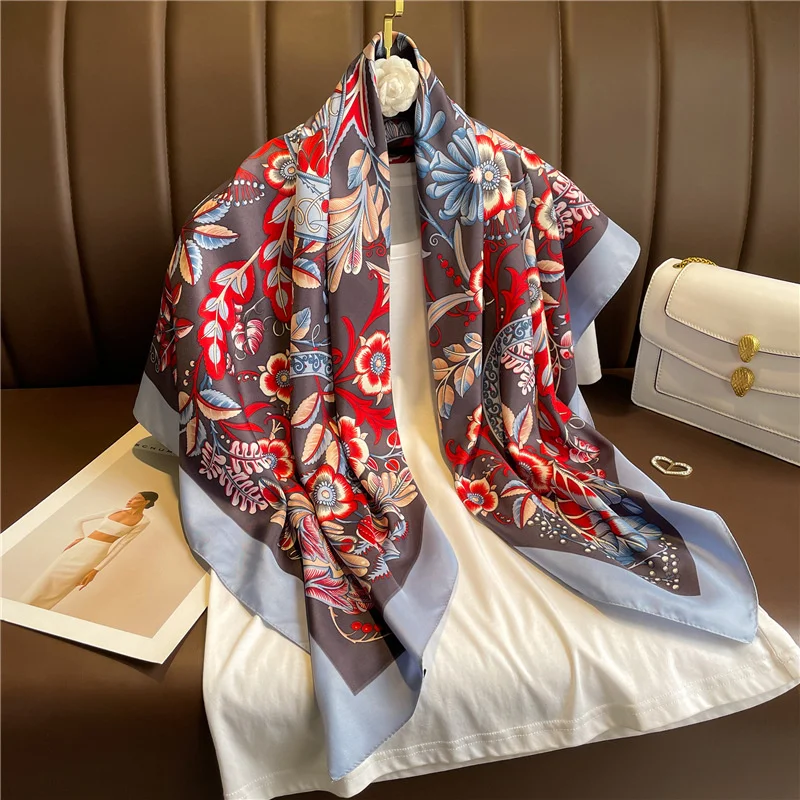 2024 New Silk Scarf Twill Silk Scarf Korean Style Floral Large Shawl 90cm Square Scarf Versatile Scarf Sunscreen Headscarf