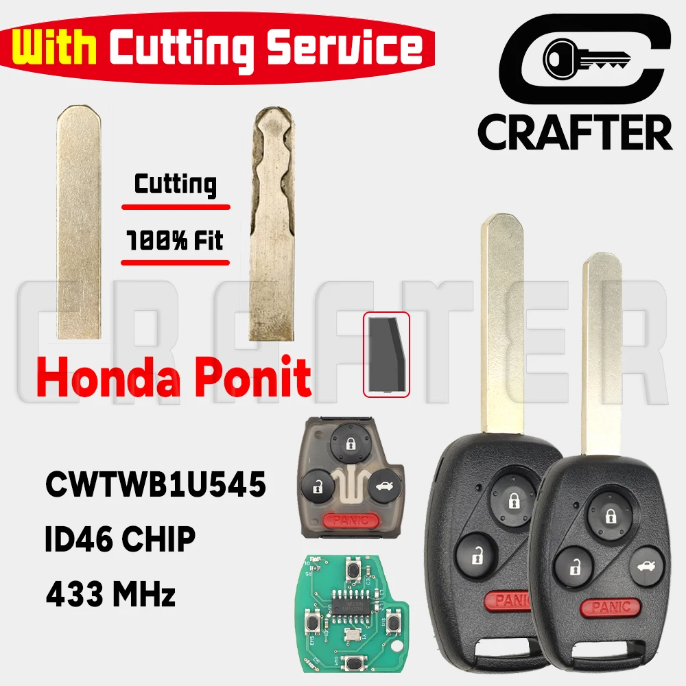 

Ключ Crafters CWTWB1U545 ID46 CHIIP 7936 433 МГц Дистанционный автомобильный ключ для Honda Ponit 2005-08 2+1 BT или 3+1 BT с сервисом резки ключей