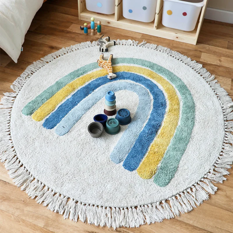 

Round Children's Rainbow Tassel Carpet INS Wind Bedside Bedroom Floor Living Room Mat Non-slip Absorbent Rug Home Decor Kids Car