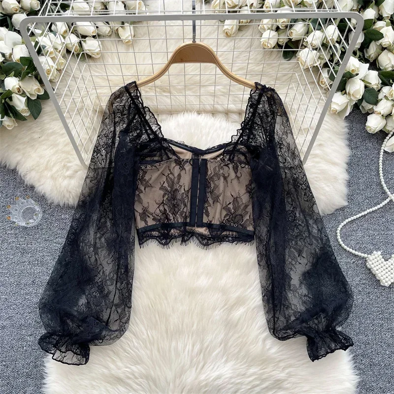 Sexy Black Tops for Women Fashion Gothic Square Lace Collar Long Sleeves Cropped Shirts Spicy Girls Retro Slim Corset Blouse