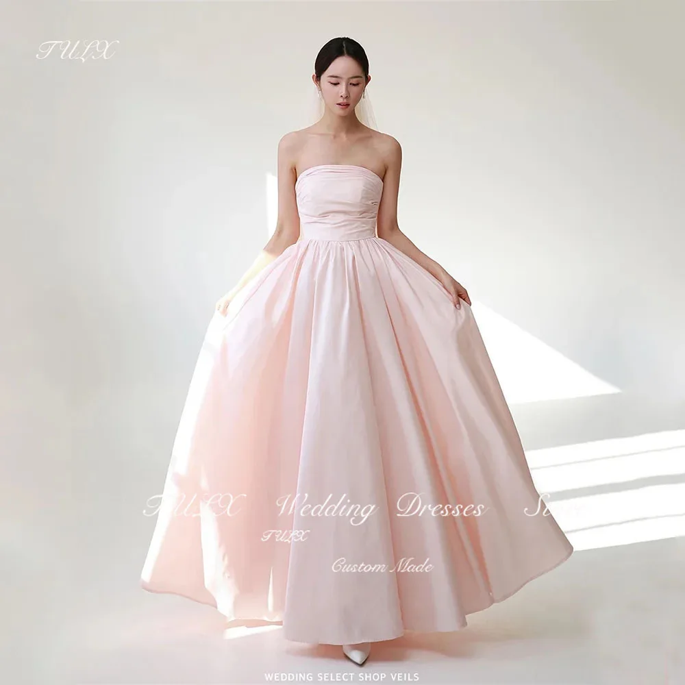 TULX Korea Pink Strapless Wedding Party Dresses Short Sleeve Long Floor Length Bridal Gown Taffeta Formal Occasion Dresses