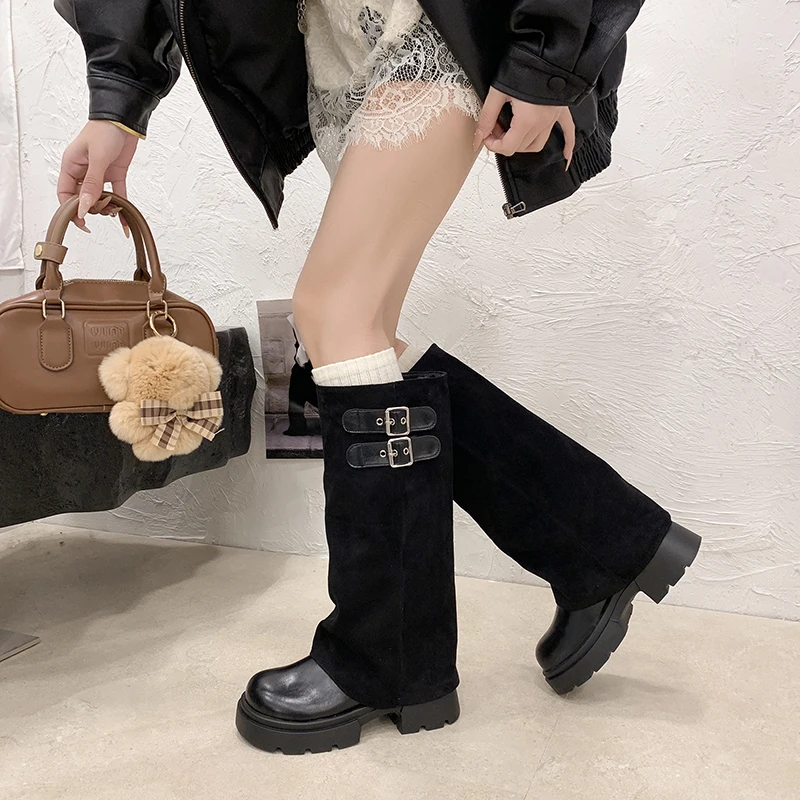 Belt Buckle Knee-high Boots, Stylish Stacked Pants-leg Boots, 2026 New Thick-soled Height-increasing Slimming Style