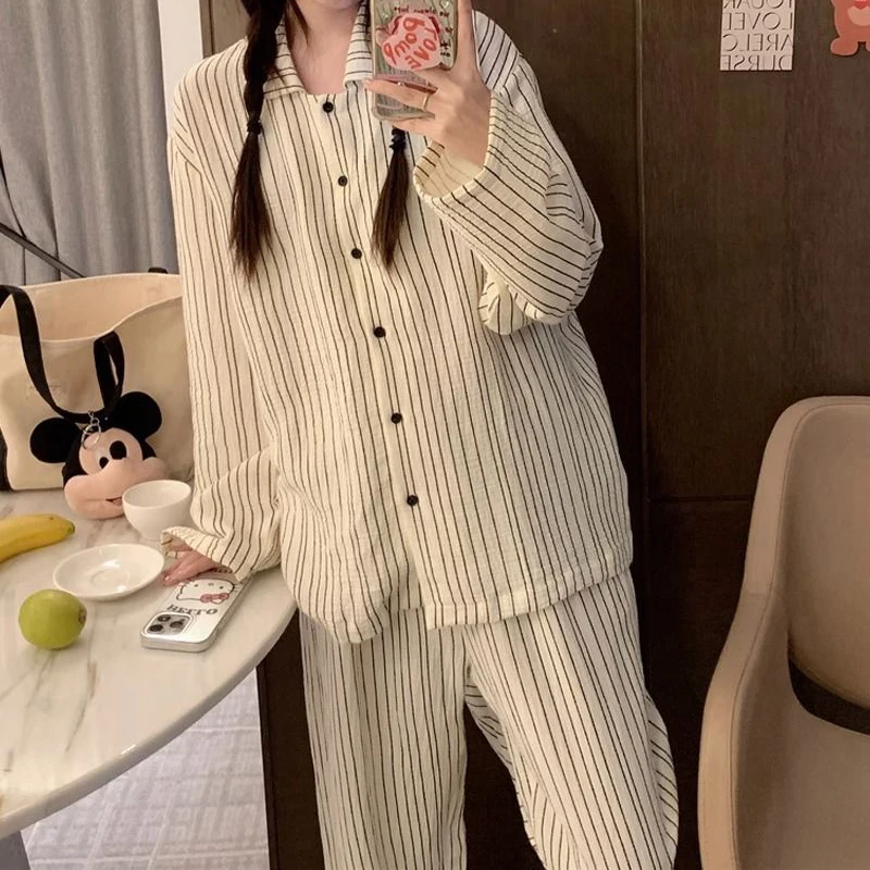 Striped Sleepwear Women Pajama Sets Casual Piiama Korean Pants Sets for Women 2 Pieces Button Night Wears Autumn Home Suit New