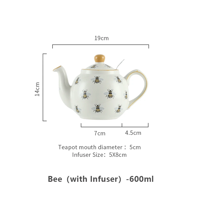 London Pottery 600ML Animal bee ceramic teapot with stainless steel infuser 1200ml porcelain tea pot and 220ml cup and saucers