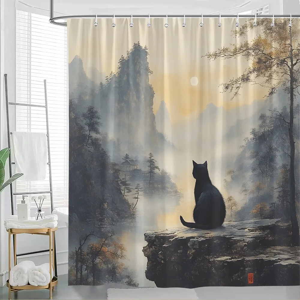 

1pc Ethereal Black Cat Rocky Cliff Misty Mountain Sunrise Tranquil Lake Autumn Trees Soft Muted Palette Peaceful Natural Scene