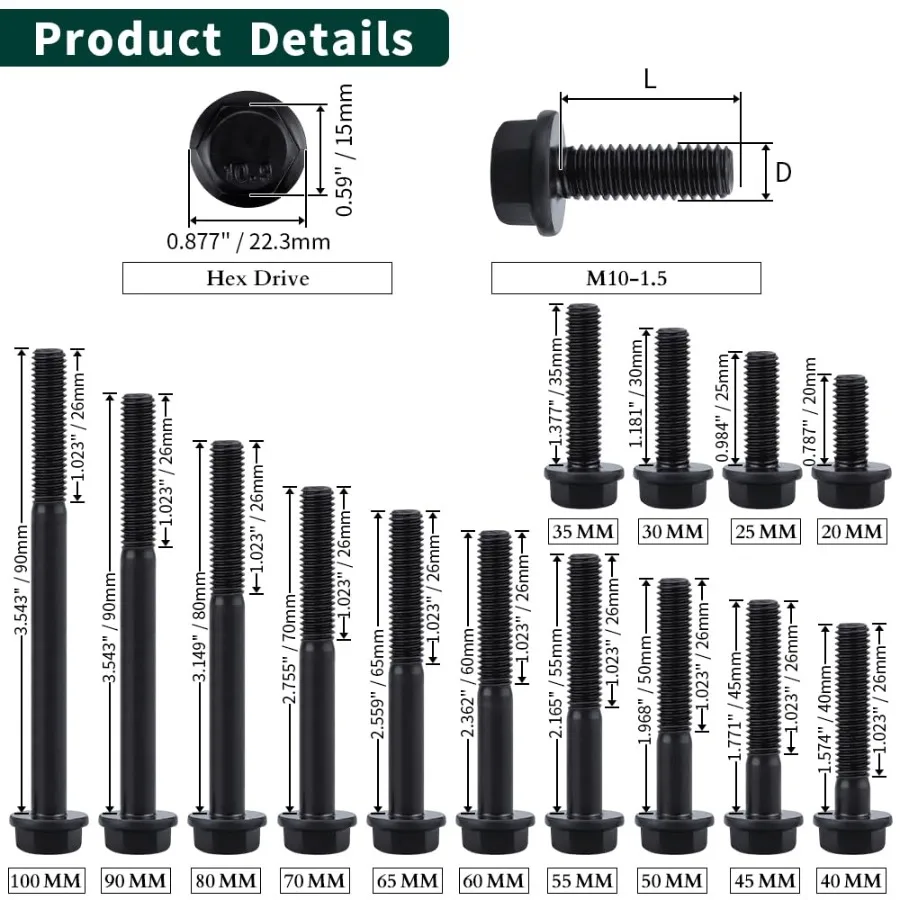 Viti per bulloni esagonali flangiati M101.5 x 20mm Bulloni flangiati esagonali in acciaio legato di grado 10.9 per macchine automobilistiche Finitura all'ossido nero