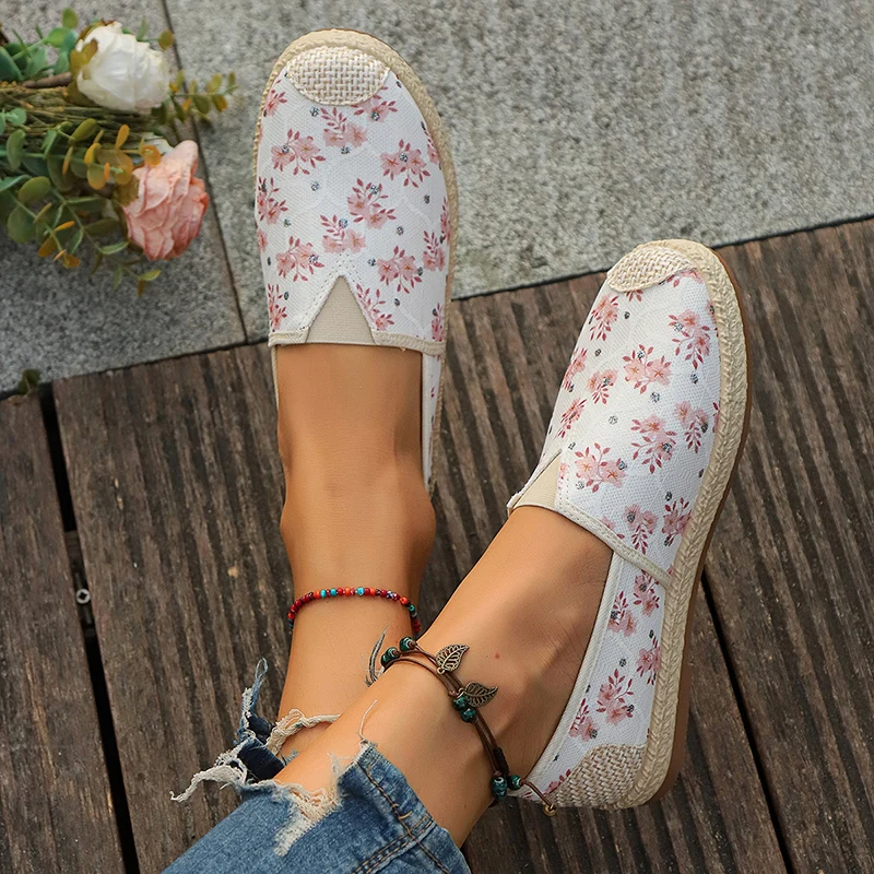 Ademende Canvas Flats Vrouwen Mode Bloemen Print Anti-Slip Espadrille Schoenen Voor Vrouw Herfst Comfort Platte Hak Casual Schoenen