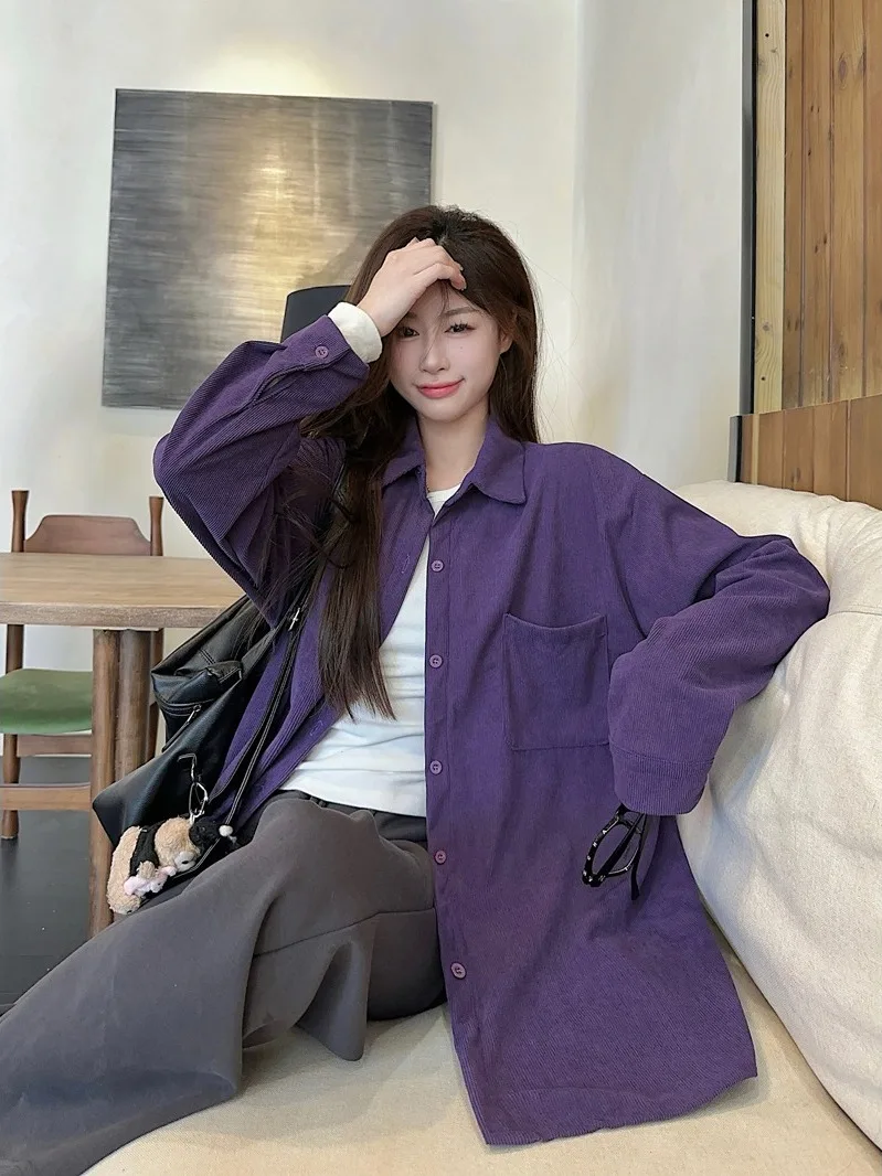 Purple Corduroy Shirt Jacket Women's Spring Autumn Loose Slimming Mid-Length Casual Shirt Top Fashionable Comfortable Fit
