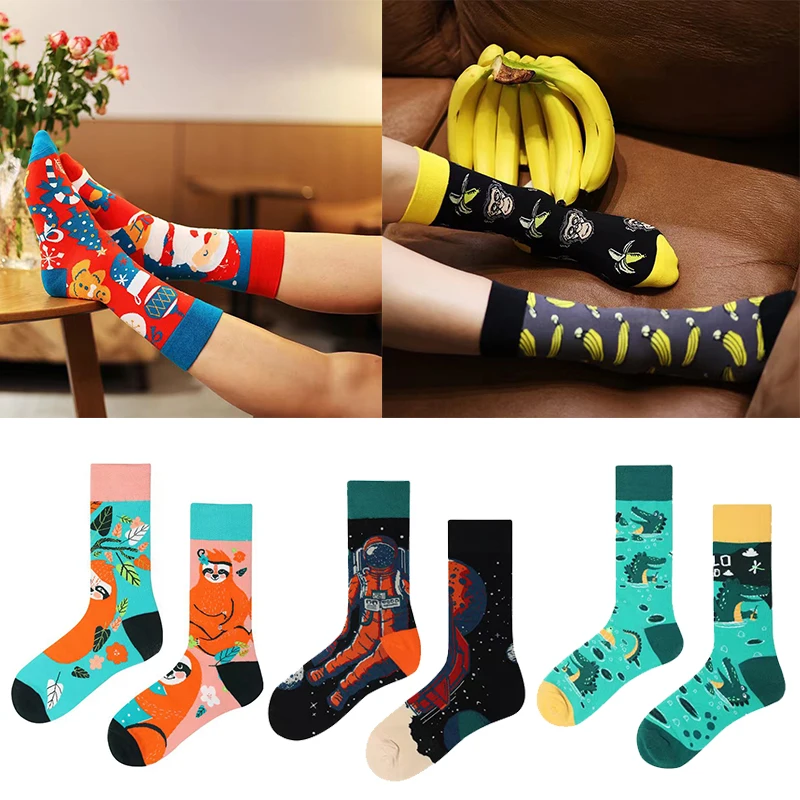 Women Men for Creative Novelty Funny Crew Socks Harajuku AB Asymmetric Colorful Cartoon Animal Print Cotton Mid Tube