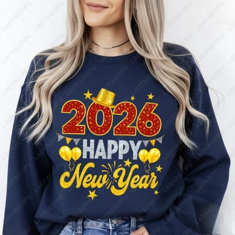 Feliz ano novo 2026 moletom ouro glitter chapéu nude vintage estética festa inverno pulôver família celebração presente feminino com capuz