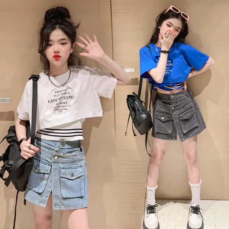 Fashion School Girls Clothes Summer Short Sleeve T shirt and Denim Short Pants Sets Multiple Pockets Short Jeans Sense Kids Suit