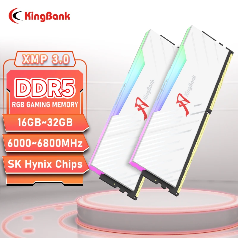 KingBank brand series DDR5 RGB RAM Memory DDR5 RAM PC 16GB 32GB 64GB 6000MHz 6400 MHz RAM for Desktop White Hynix Chip