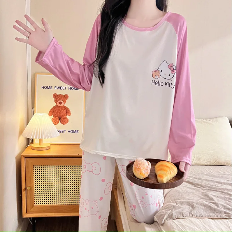 

Женские пижамные комплекты для сна Hello Kitty, кавайные весенне-осенние штаны с длинными рукавами и героями мультфильмов, одежда для сна, студенческая домашняя одежда, новинка