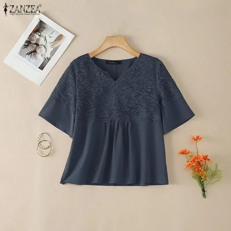 

2026 ZANZEA Stylish Summer V Neck Half Sleeve Holiday Tops Women Elegant Lace Patchwork Blouse Casual Solid Work Shirt Mujer