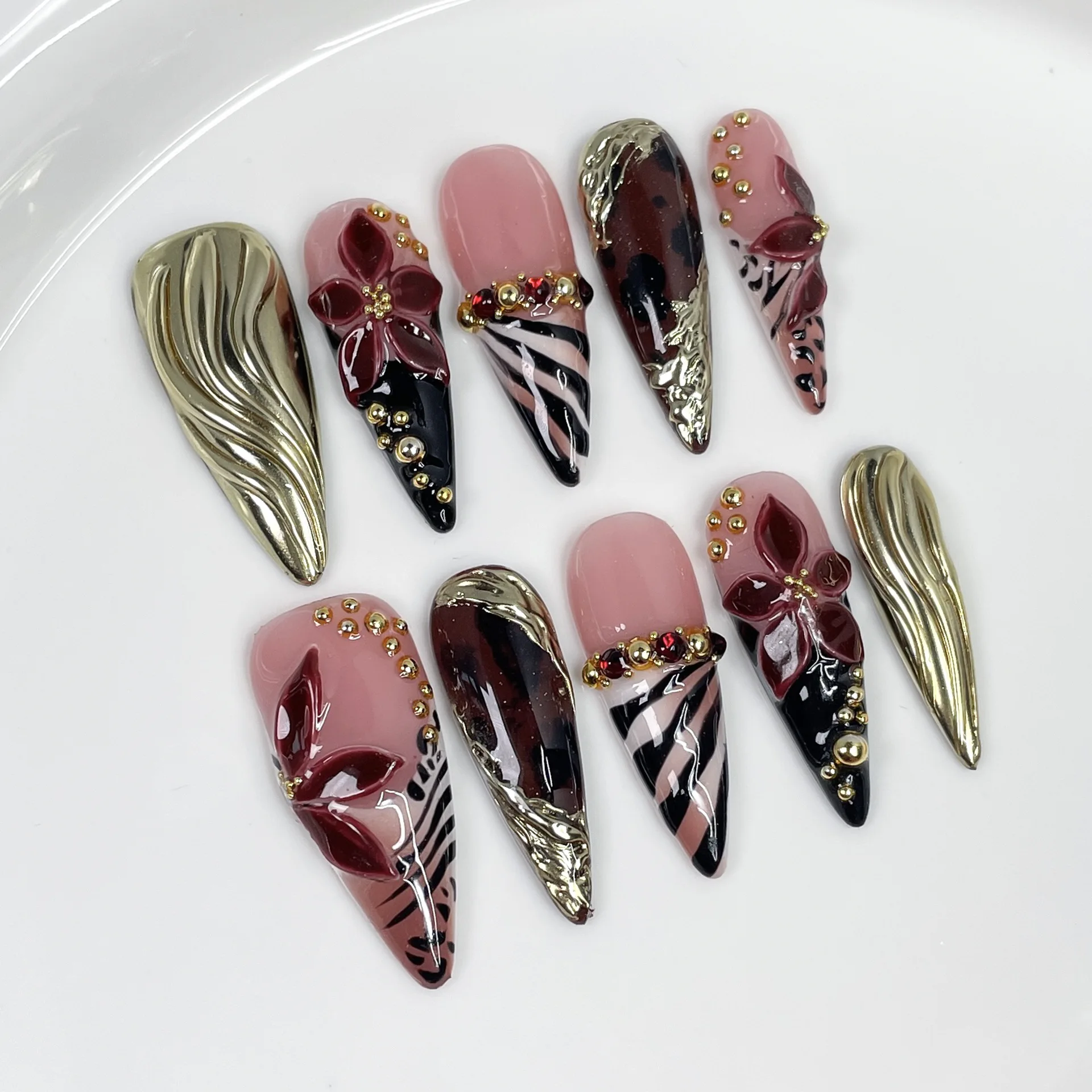 10Pcs Brown Smudge Leopard Print False Nails Long French Stiletto Handmade Nails Press on 3D Flower Gilded Diamond Reusable Nail