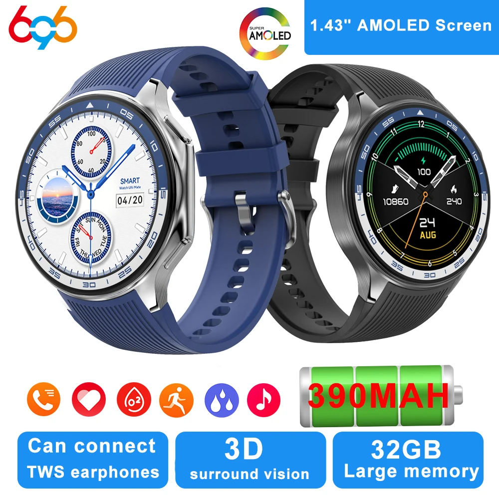 

1.43" AMOLED Screen Men Blue Tooth Call Smart Watch 32GB Memory Local Music MP4 Video Sound Recording Waterproof Smartwatch