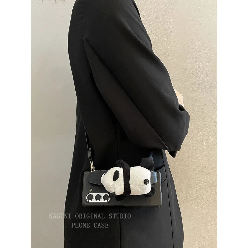 For Samsung Galaxy Z Fold 7 6 5 4 3 2 5G Cartoon Plush Panda Wristband Bracket Black Matte Case Cover With Crossbody Long Strap