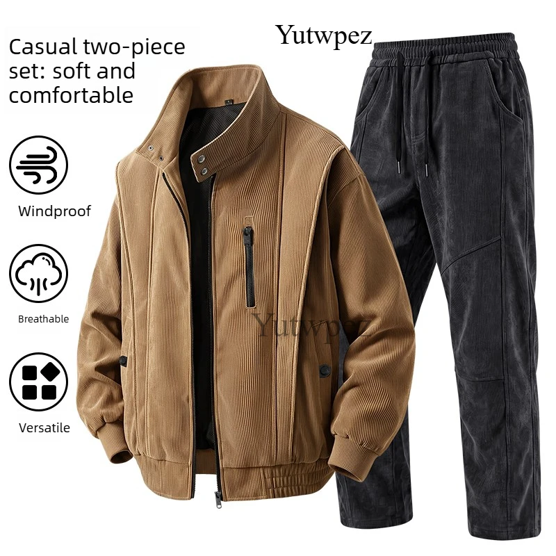 Men Autumn Winter Retro Corduroy Two Piece Set Tie Dye Stand Collar Jacket Straight Leg Pants  Outdoor Sports Daily Streetwear