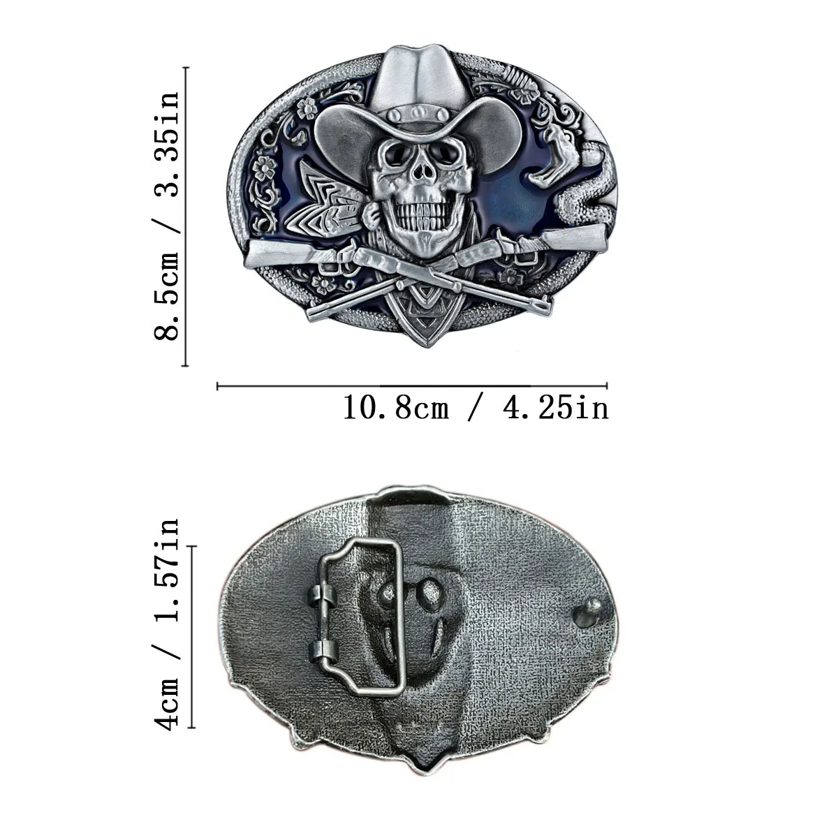 Retro Cowboy Skull Belt Buckle, Blue Enamel Engraved Oval Western Metal Belt Buckle, Men Vintage Country Style Belt Decor Buckle