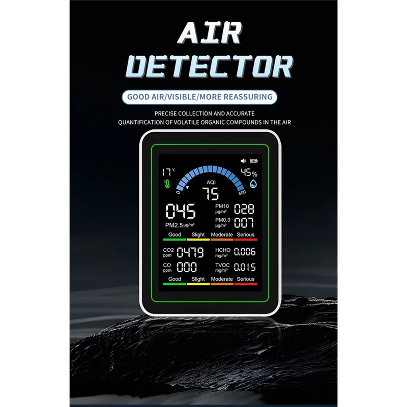 Y45A-CO 2 Formaldehyde Detector 10 In 1 Air Quality Monitor Temperature Humidity Tester For Indoor/Outdoor Black