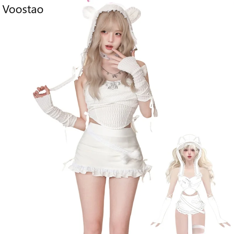 Y2k Aesthetic White 4 Piece Sets Women Gothic Print Vest Tops Bear Ear Hat Oversleeve Mini Skirts Female Korean Fashion Outfits