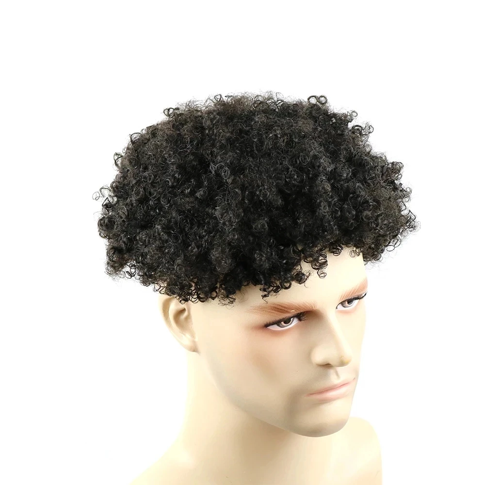 Prótesis capilar Afro rizada para hombres, Peluca de cabello humano 100%, inyección de piel fina, Base de Pu, tupé, sistema de pelucas, postizo, 8mm