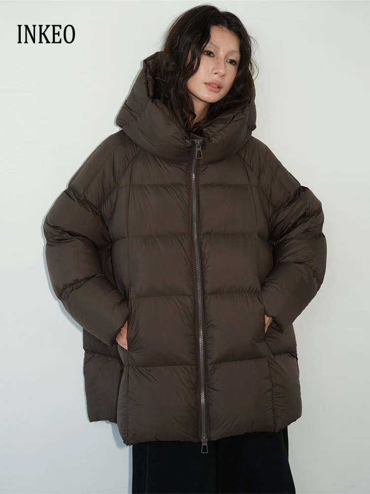 Luxe Pluizige 90% witte eend donsjack voor vrouwen 2026 Winter Beige Capuchon Rits puffer jas Oversize Warm INKEO DJ648
