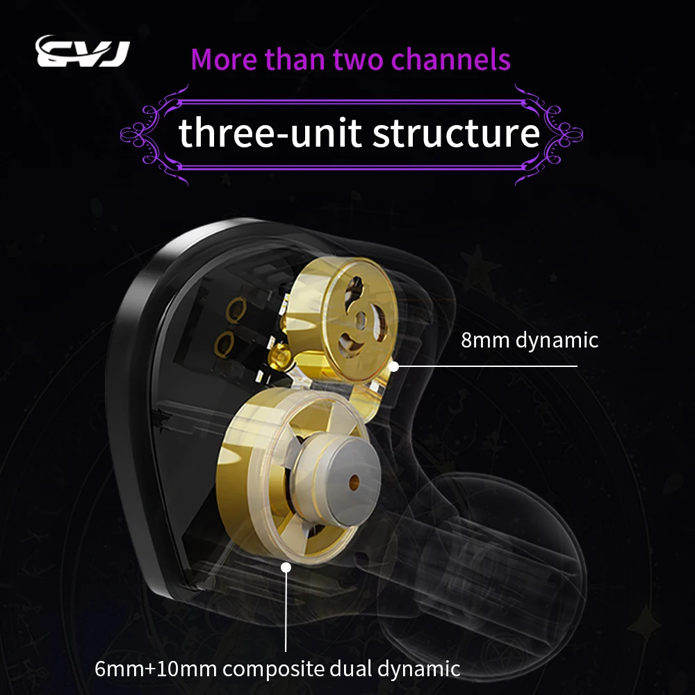 CVJ Night Elf Dual-Channel 3 Dynamic Driver In-Ear HIFI Headphones High-Quality Earbuds with High-Quality Silver-Plated Cable
