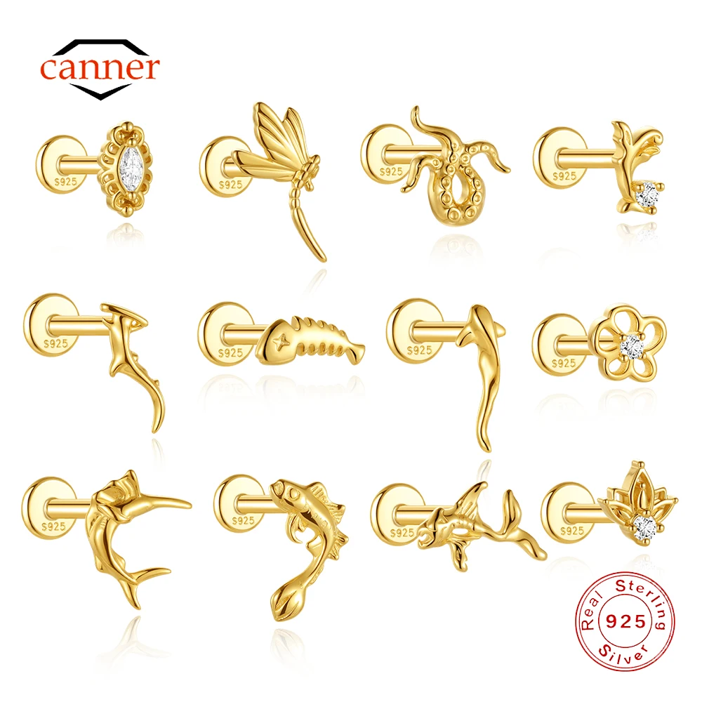 CANNER 1PC 925 Sterling Silver Ocean Shark Whale Animal Earring Girls Piercing Cartilage Stud Helix Conch Lobe Flat Back Jewelry