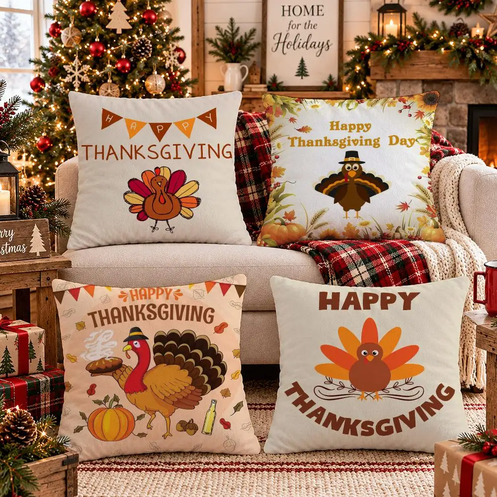 Cute Thanksgiving Turkey Cushion Cover Soft Plush Sofa Cushion Cover Double-Sided Printed Decorative Pillow Case Warm Home Gift